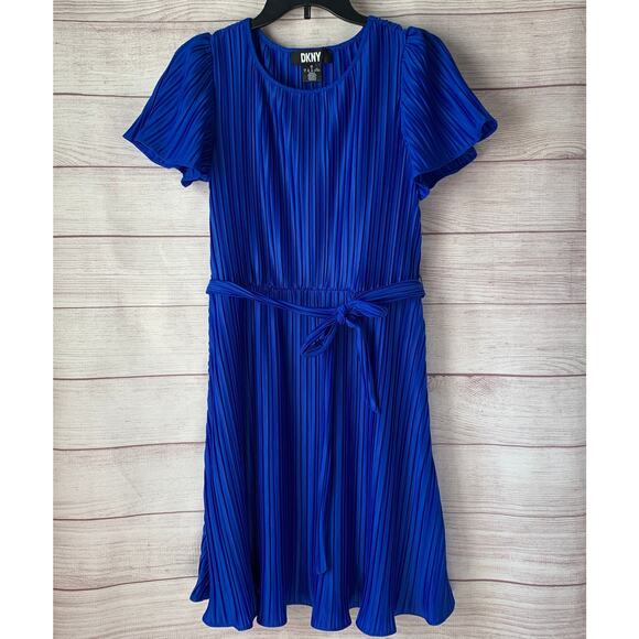 DKNY Cobalt Blue Dress Flutter Sleeves Tie Belt Pleated Fabric Size 8 - Picture 1 of 12